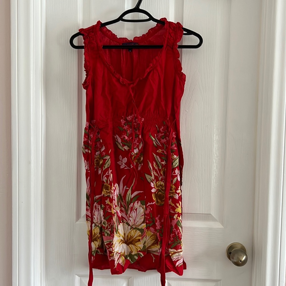 Red floral dress.